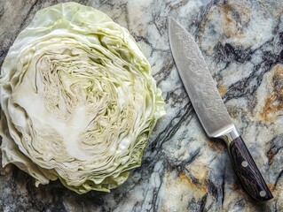 Sliced cabbage on stone board with a knife.