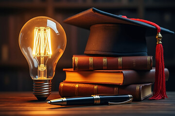 Academic Brilliance A Graduation Cap and Glowing Light Bulb Beside Books and a Pen Symbolizing Education and Ideas