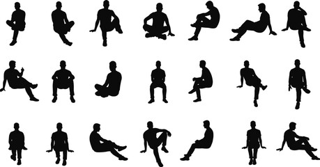 Silhouettes of men sitting in various casual and relaxed poses, different postures and angles, vector illustration for design and creative projects
