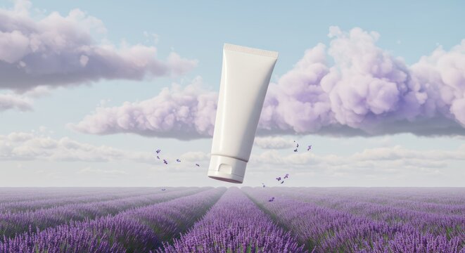 Blank white tube cosmetic product floating above a lavender field under a cloudy sky.