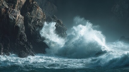 Naklejka premium Dramatic ocean waves crashing against rocky coast, storm
