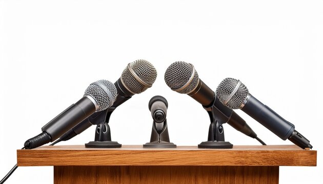 multiple microphones on wooden podium press conference news media isolated on white background - Powered by Adobe