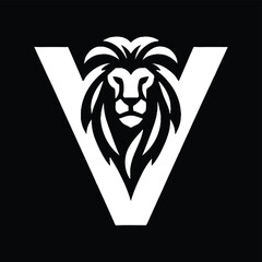 White Lion Silhouette within Letter V on Black Background Symbol of Strength and Leadership Powerful Emblem