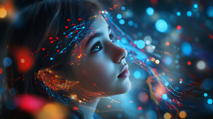A young learner encircled by colorful glowing streams of information representing real-time data analysis 