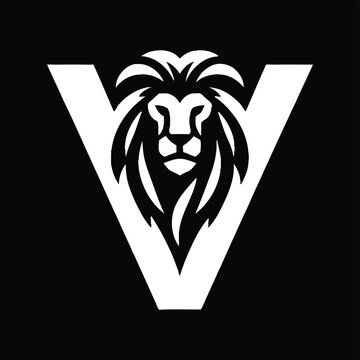 White Lion Silhouette within Letter V on Black Background Symbol of Strength and Leadership Powerful Emblem