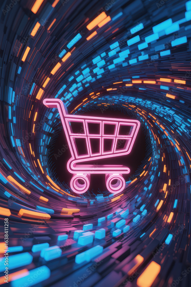 Poster dynamic digital shopping experience with neon shopping cart in vibrant data stream