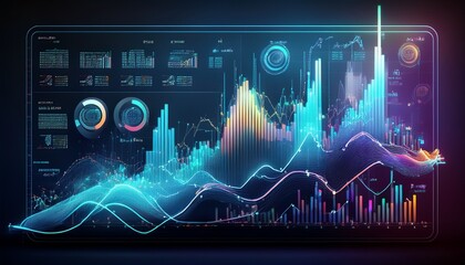 an abstract dynamic stock market dashboard with multiple charts graphs bars data visualizations and infographics