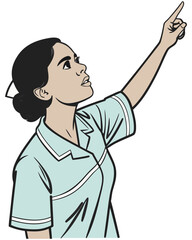 Fototapeta premium A cartoon image of a smiling young woman pointing upward