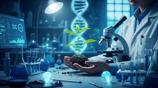 Scientist holding plant with dna helix overlay in laboratory with microscope and blue liquid vials