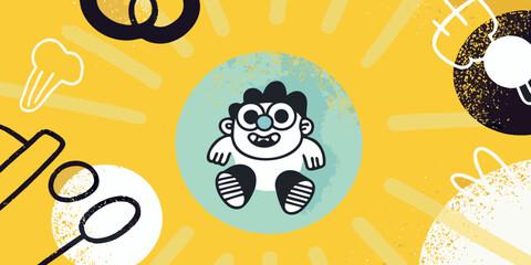 Fototapeta premium Whimsical cartoon character with abstract shapes on yellow background