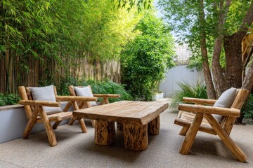 Wooden chairs and table creating relaxing atmosphere in lush garden
