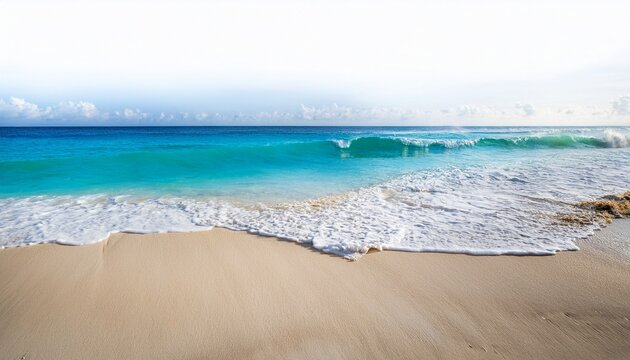 tropical beach with ocean waves crashing on white sand with white background