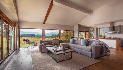Fototapeta premium luxurious ranch house living room vast windows countryside view interior design