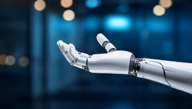 robotic hand offering a white robotic hand extends outward palm up in a gesture of offering or presentation