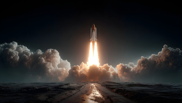 Rocket launch against black background - Powered by Adobe