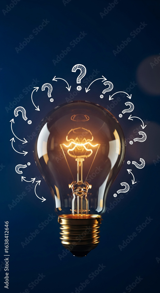 Poster illuminated glass bulb, surrounded by question marks and arrows, representing idea generation, probl