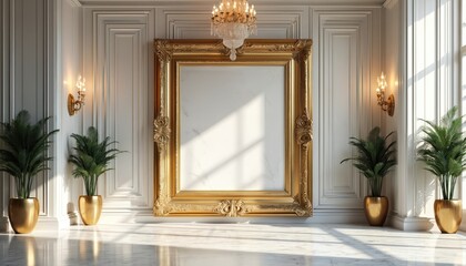 Luxurious empty room with ornate golden frame on marble wall, elegant chandeliers, decorative plants. Sophisticated ambience with polished marble floor, detailed wall paneling. Offers upscale