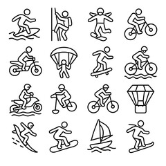 Obraz premium Action sports and cycling icon set. Line art illustrations of various bicycle types like road and mountain bikes, plus figures cycling, racing, and performing water sports.
