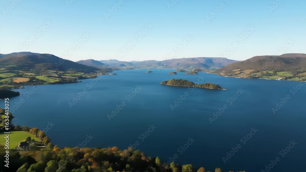 Poster aerial view of a vast blue lake surrounded by verdant trees and distant mountain ranges under a clea