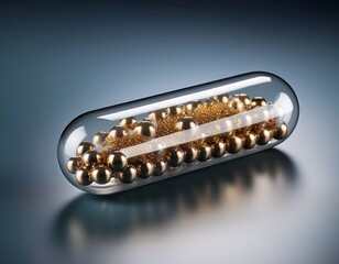 transparent capsule filled with metallic spheres showcasing modern design and technology in healthcare and pharmaceuticals