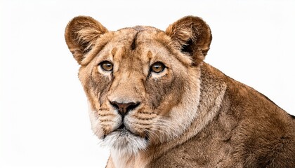 Obraz premium majestic lioness staring fiercely in front of a white background symbolizing strength and grace in nature