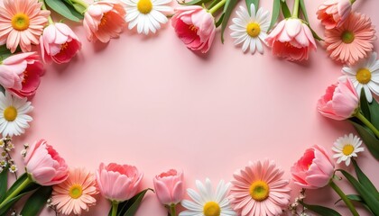 Fototapeta premium Pink floral arrangement on pastel background with scattered daisies and tulips. Soft colors evoke spring, perfect for marketing. Offers copy space for text overlays or product placement.