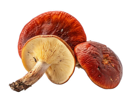 Wild forest mushrooms with vibrant red caps and earthy texture on black background isolated