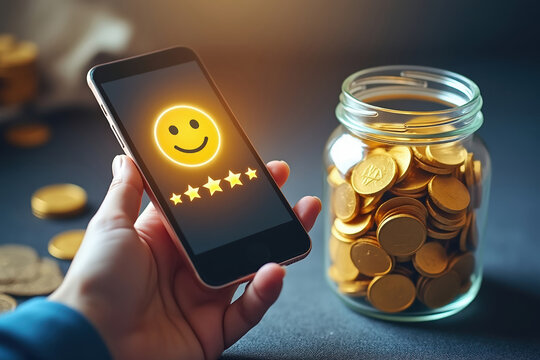 Mobile Phone Displaying Five Star Rating with Coins for Positive Customer Feedback and Rewards