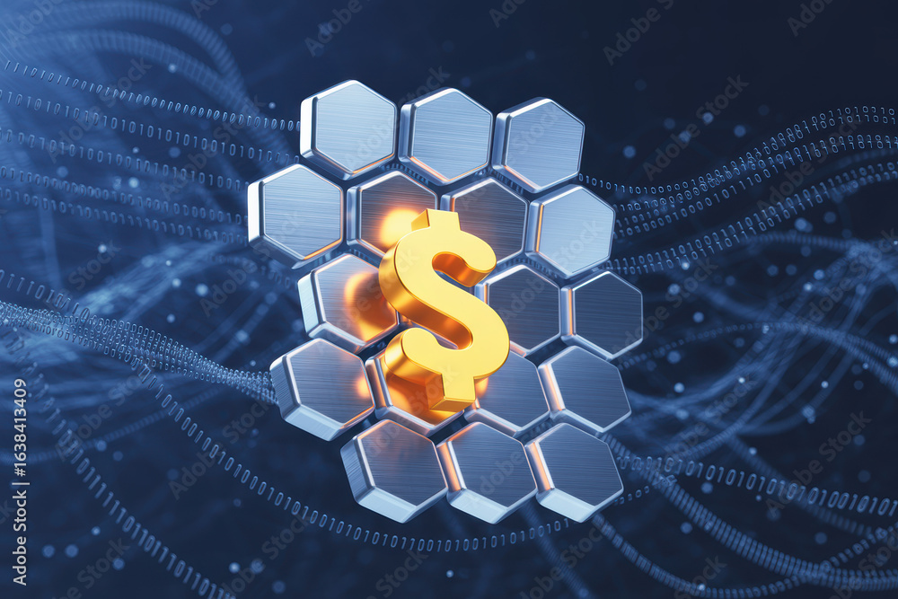 Poster futuristic financial technology concept with hexagonal patterns and glowing dollar sign in a digital