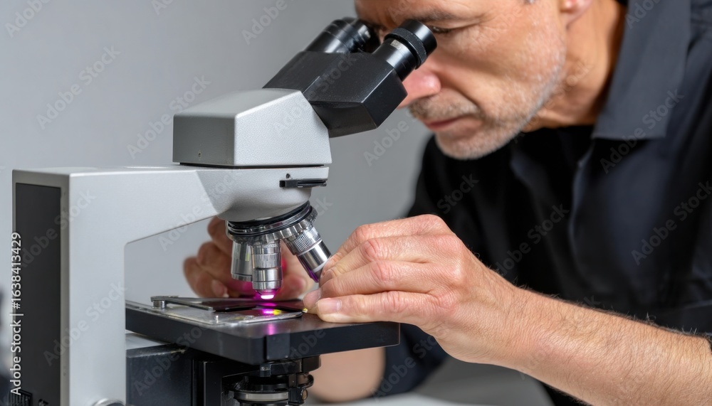 Poster scientist using microscope doing research in laboratory