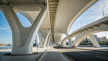 Architectural marvel: stunning white bridge with modern design, engineering excellence and street leading to city buildings under a clear blue sky.