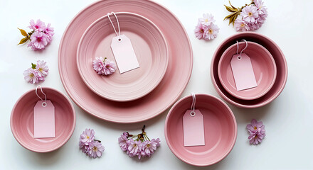 Elegant pink ceramic plates and bowls with floral accents for romantic dining.