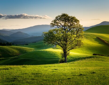 a lone tree stands sentinel amidst a verdant landscape