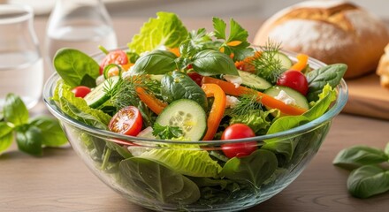 Vibrant salad in glass bowl, fresh ingredients