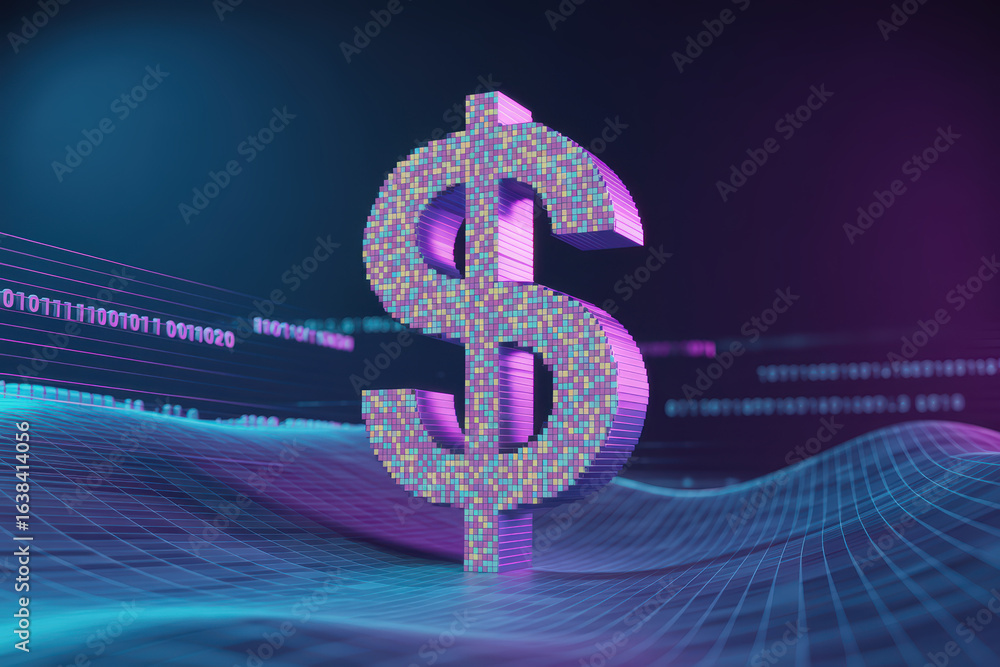 Poster futuristic 3d dollar symbol surrounded by digital waves and binary code in vibrant neon colors