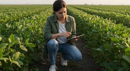 Woman in field using tablet to monitor crop health, crouching among rows of plants.