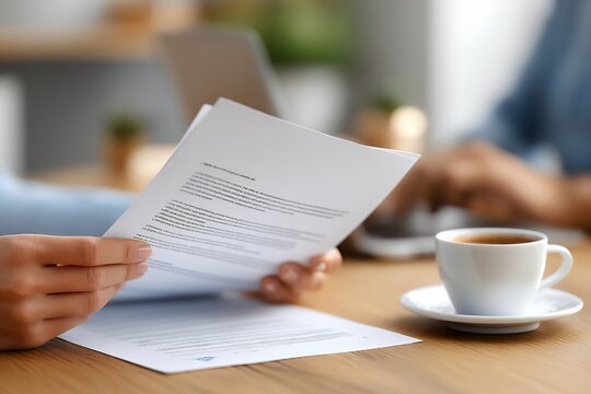 Colleagues Discuss Project Document Over Coffee in a Modern Workspace