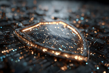 Digital shield representing cyber security in a futuristic virtual environment with binary code streaming in the background for effective protection and defense strategies
