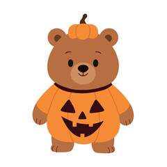 Cute smiling brown bear wearing an adorable pumpkin costume, with hat. Vector baby bear mascot in festive Halloween vibe, perfect for stickers, cards, and decorations.