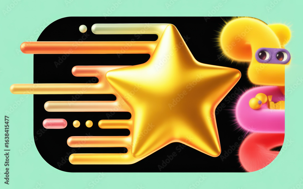 Poster playful colorful star with abstract motion elements on a soft mint background