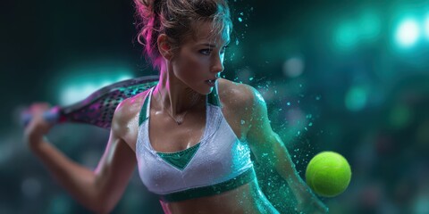 Female padel player striking ball during intense match