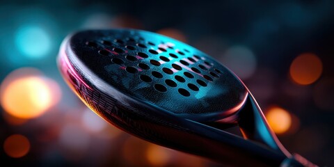Close-up of modern padel racket with perforated surface