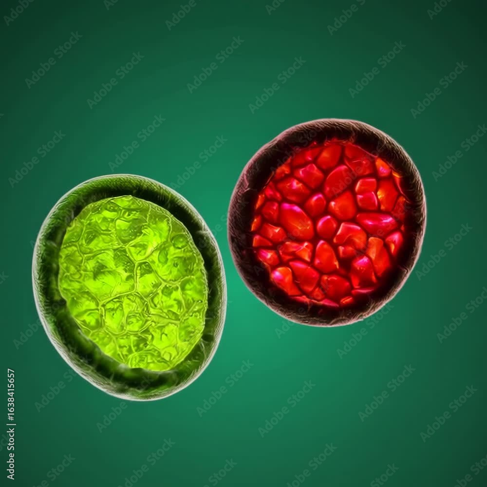 Poster detailed illustration of microscopic cells in vivid colors with complex structures and textures on g