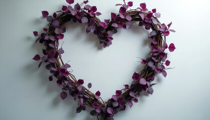 Heart-shaped wreath crafted from natural vines, adorned with deep purple leaves against clean white background. Delicate botanical decoration symbolises love, romance, perfect for weddings,