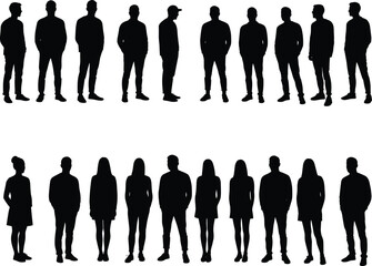 Silhouettes of standing men and women, casual poses, front and side views, diverse people illustration, group formation and social arrangement