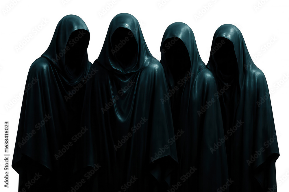 Poster dark-hooded figures clustering menacingly, casting ominous shadows across transparent backdrop, sugg