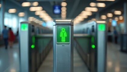 Modern airport terminal security turnstiles with green illuminated person indicator lights. Metal gates offer automated access control for passenger flow, ensuring efficient, safe entry, transit