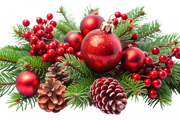 Christmas decoration with red baubles, berries, pinecones, and fir branches isolated on transparent background