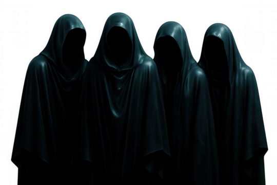 Dark-hooded figures clustering menacingly, casting ominous shadows across transparent backdrop, suggesting hidden sinister intentions