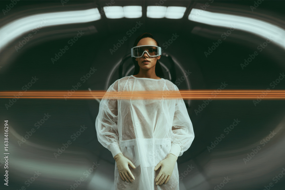 Poster futuristic scientist in protective gear with high-tech visor against an abstract lab background